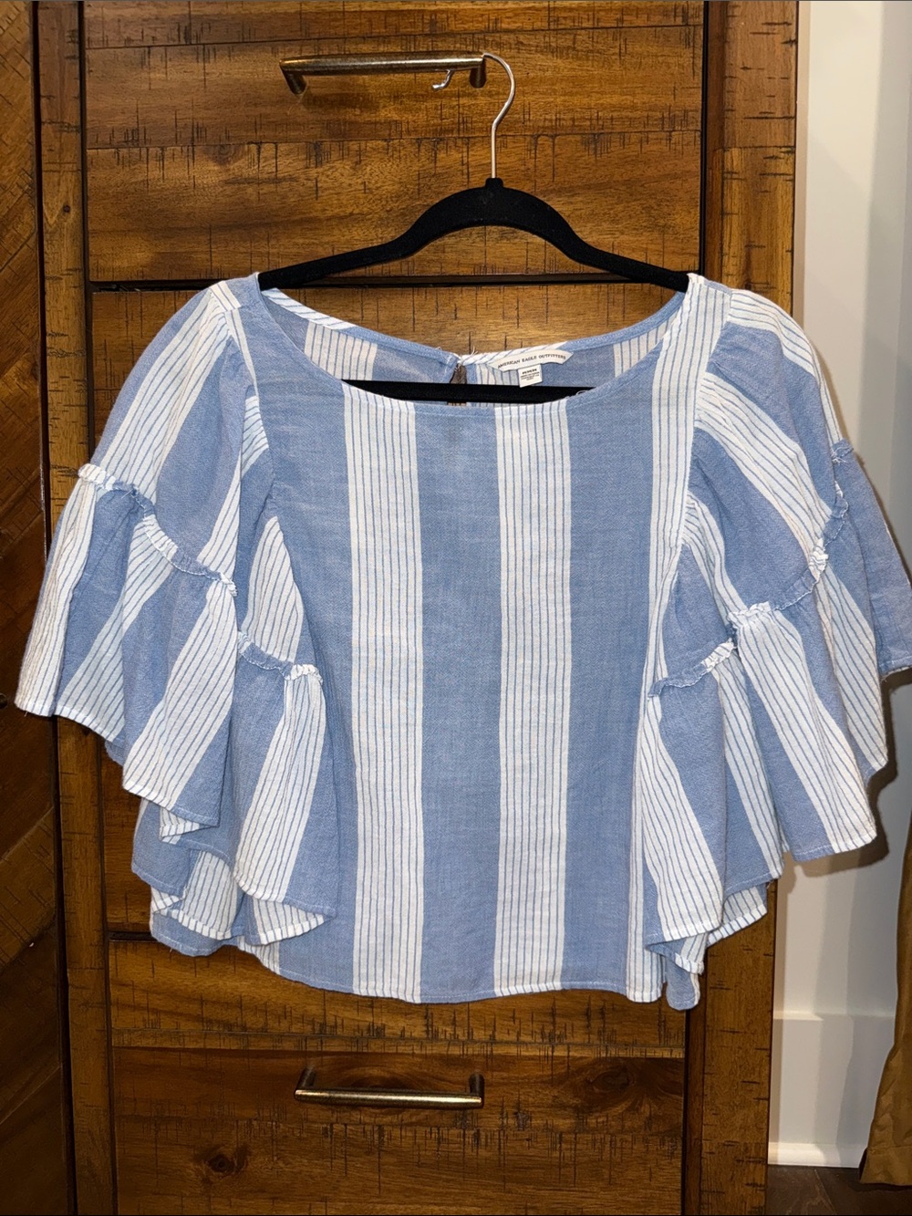 American Eagle Outfitters Blue & White Striped Ruffle Sleeve Top